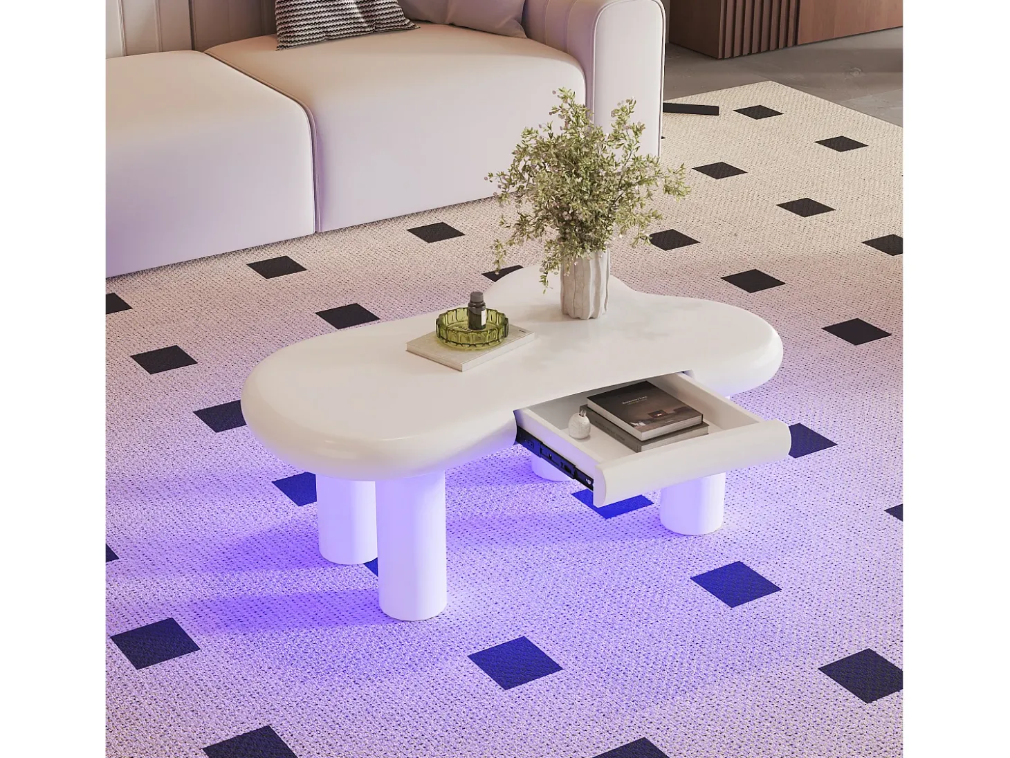 Mesa de centro 98x65.5x40 cm - forma de nuvem - 1 gaveta - com iluminação LED - branco