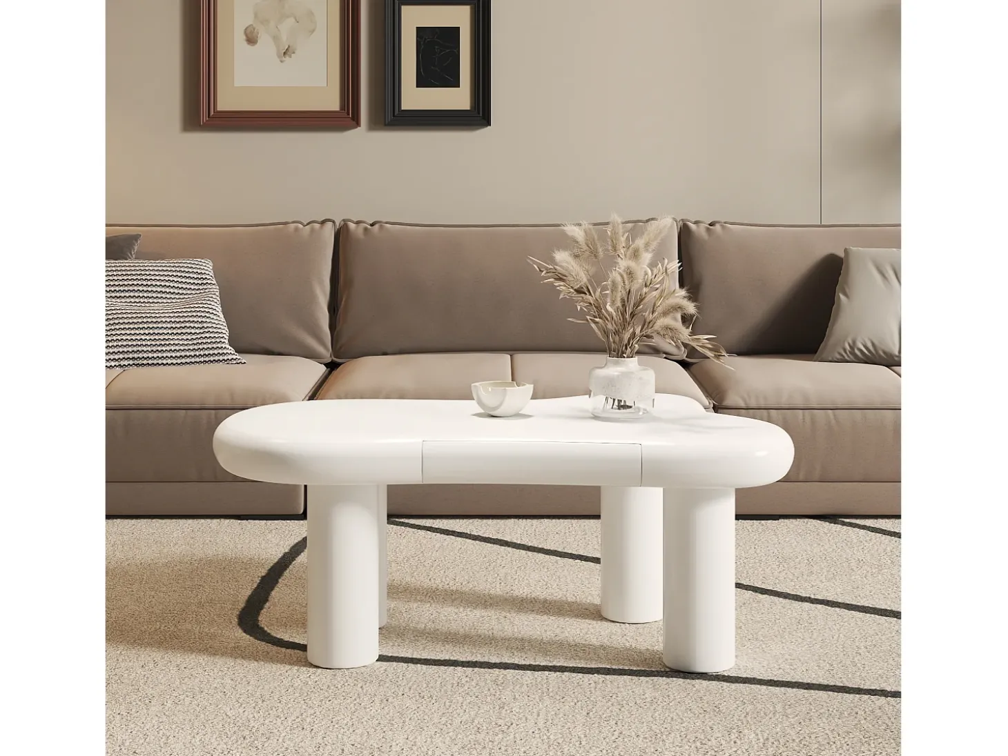 Mesa de centro 98x65.5x40 cm - forma de nuvem - 1 gaveta - com iluminação LED - branco