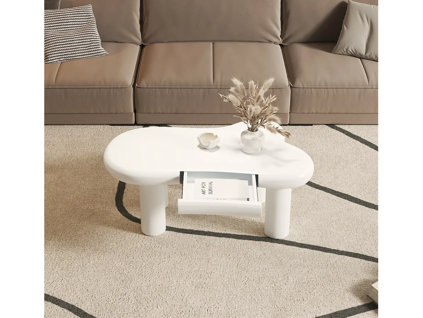 Mesa de centro 98x65.5x40 cm - forma de nuvem - 1 gaveta - com iluminação LED - branco