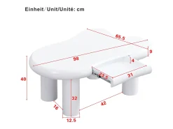 Mesa de centro 98x65.5x40 cm - forma de nuvem - 1 gaveta - com iluminação LED - branco