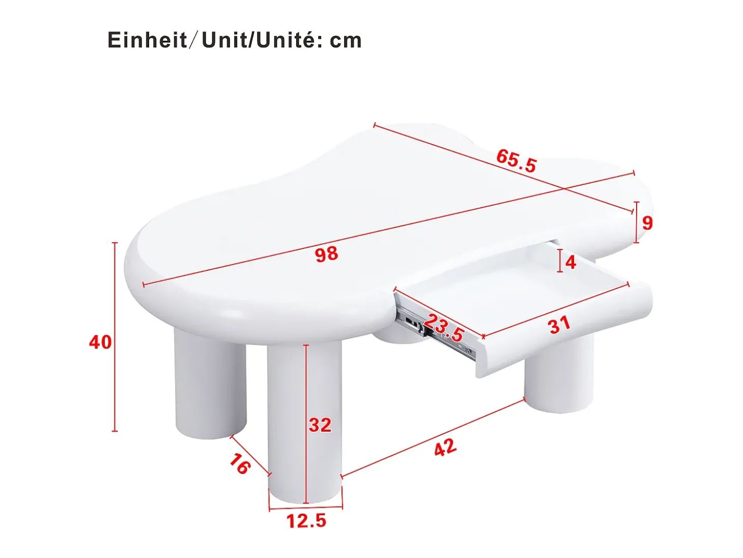 Mesa de centro 98x65.5x40 cm - forma de nuvem - 1 gaveta - com iluminação LED - branco