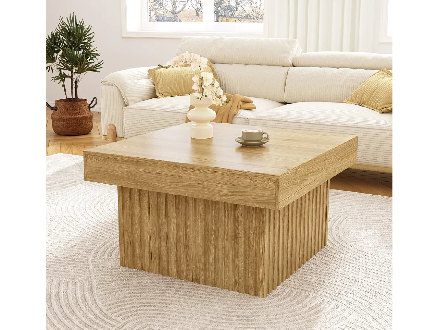 Mesa de centro 79x79x46 cm - tampo quadrado - aspecto madeira - MDF + painéis de partículas - Natural