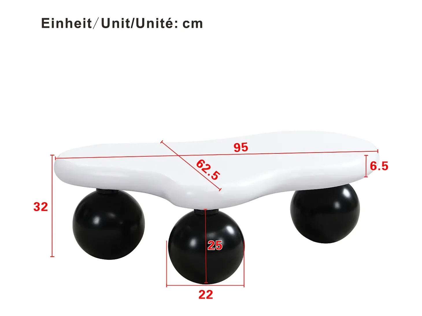 Mesa de centro 95x62.5x32cm - forma de nuvem - com iluminação LED - pés redondos - branco + preto