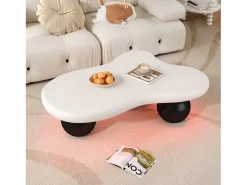 Mesa de centro 95x62.5x32cm - forma de nuvem - com iluminação LED - pés redondos - branco + preto