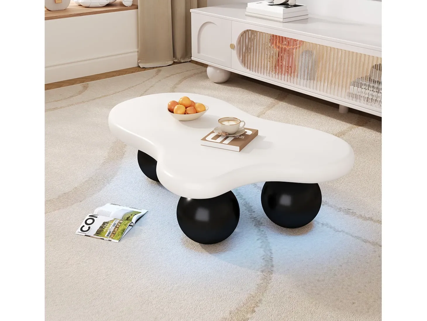 Mesa de centro 95x62.5x32cm - forma de nuvem - com iluminação LED - pés redondos - branco + preto