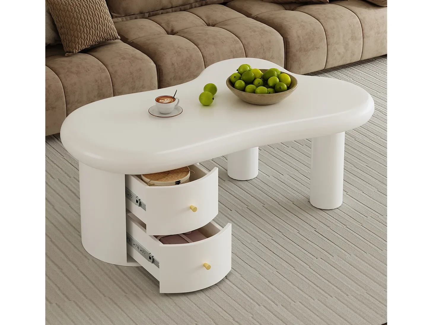 Mesa de centro 97x64x42cm com tampo em forma de nuvem e 2 gavetas, lacada a branco