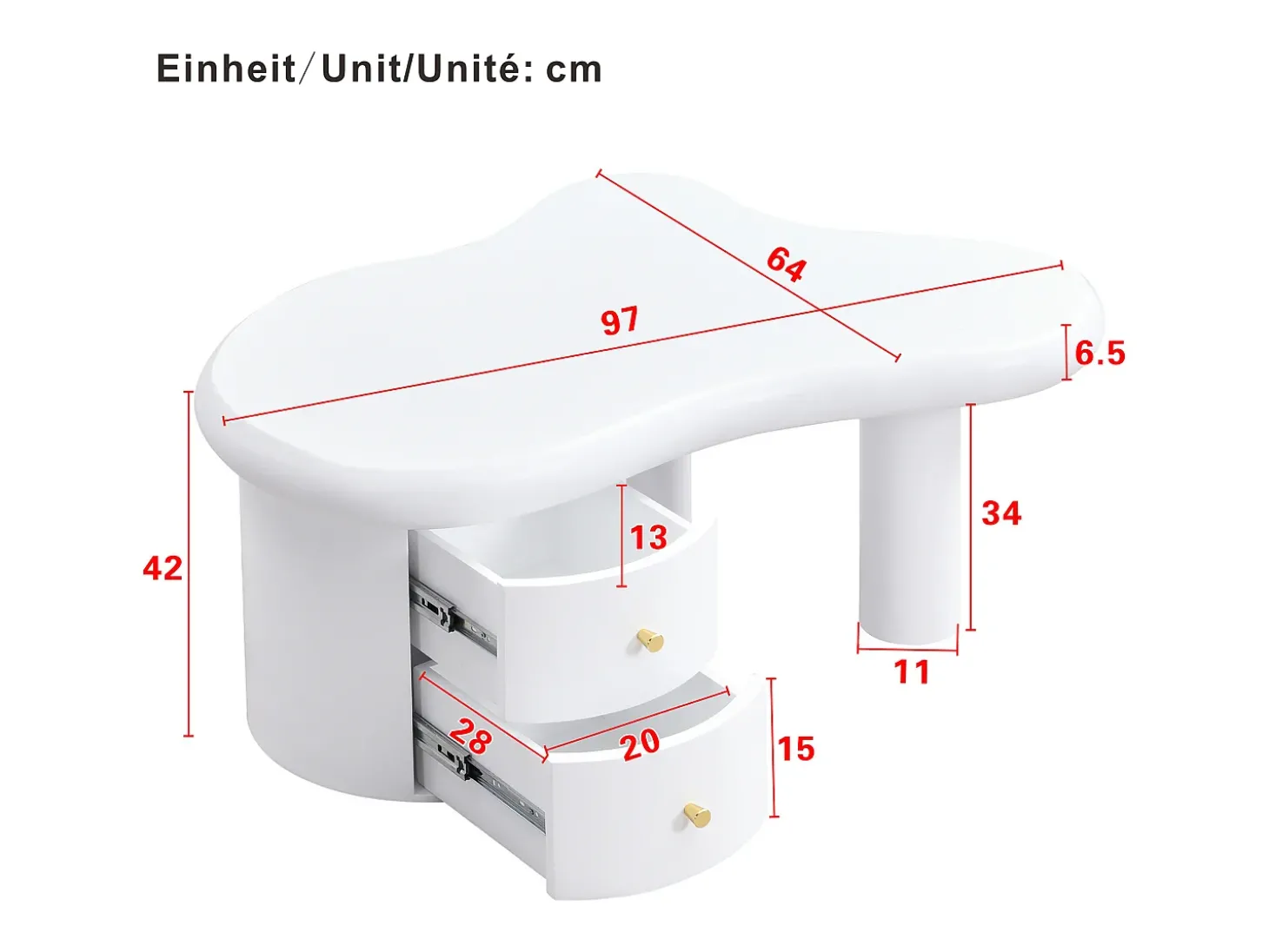 Mesa de centro 97x64x42cm com tampo em forma de nuvem e 2 gavetas, lacada a branco