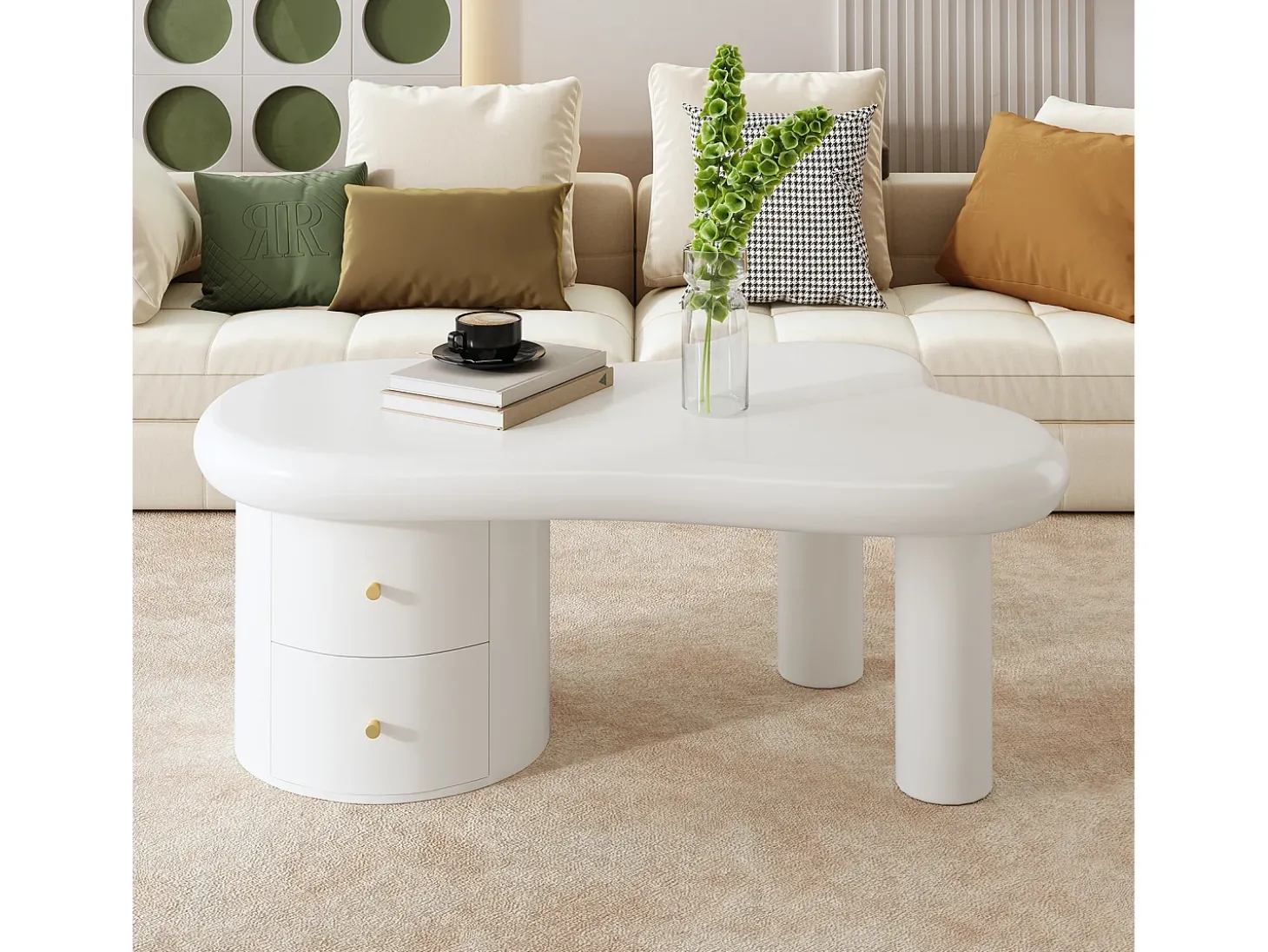Mesa de centro 97x64x42cm com tampo em forma de nuvem e 2 gavetas, lacada a branco