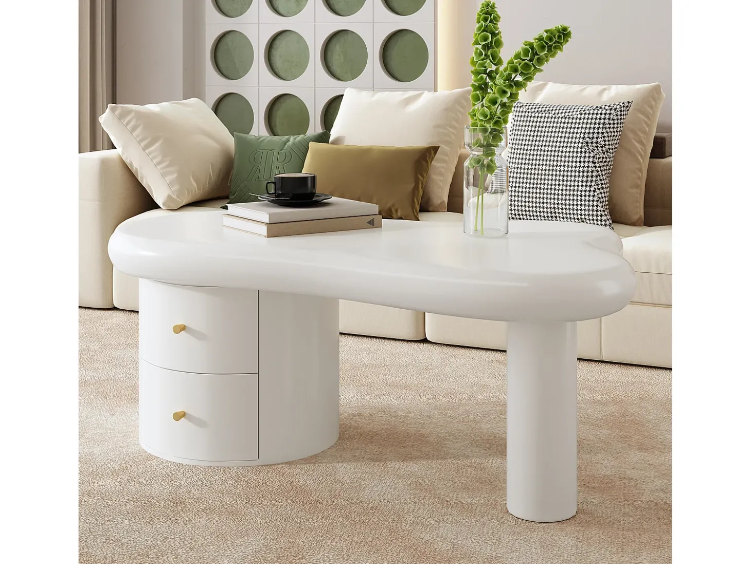 Mesa de centro 97x64x42cm com tampo em forma de nuvem e 2 gavetas, lacada a branco