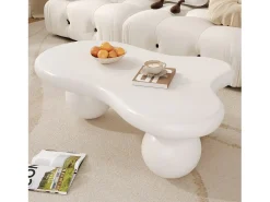 Mesa de centro 95x62,5x32cm com tampo em forma de nuvem e 3 pés grossos, LED incluído, branca