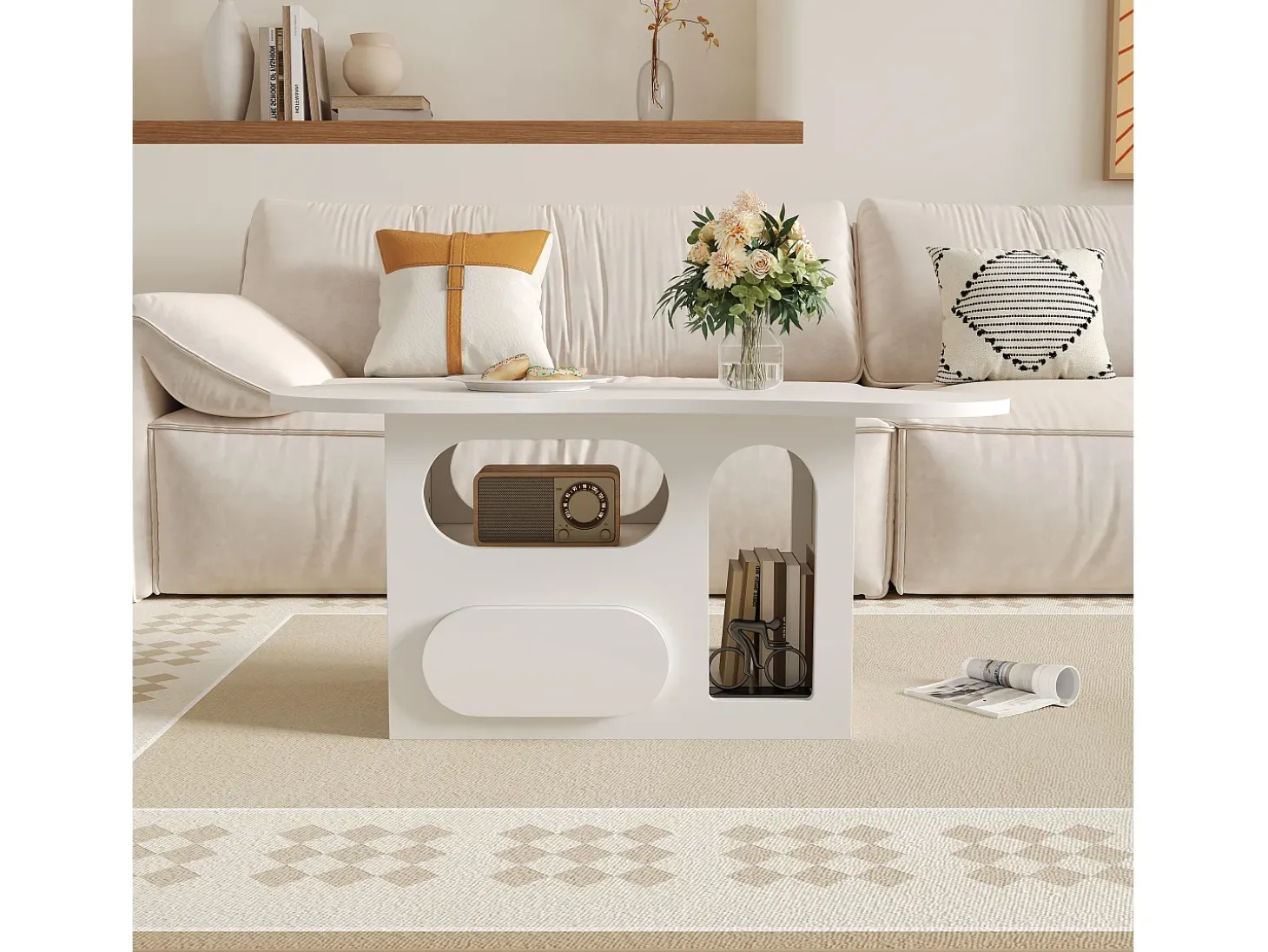 Mesa de centro 97x45x43,5cm com tampo em forma de nuvem, espaço de armazenamento aberto, branca