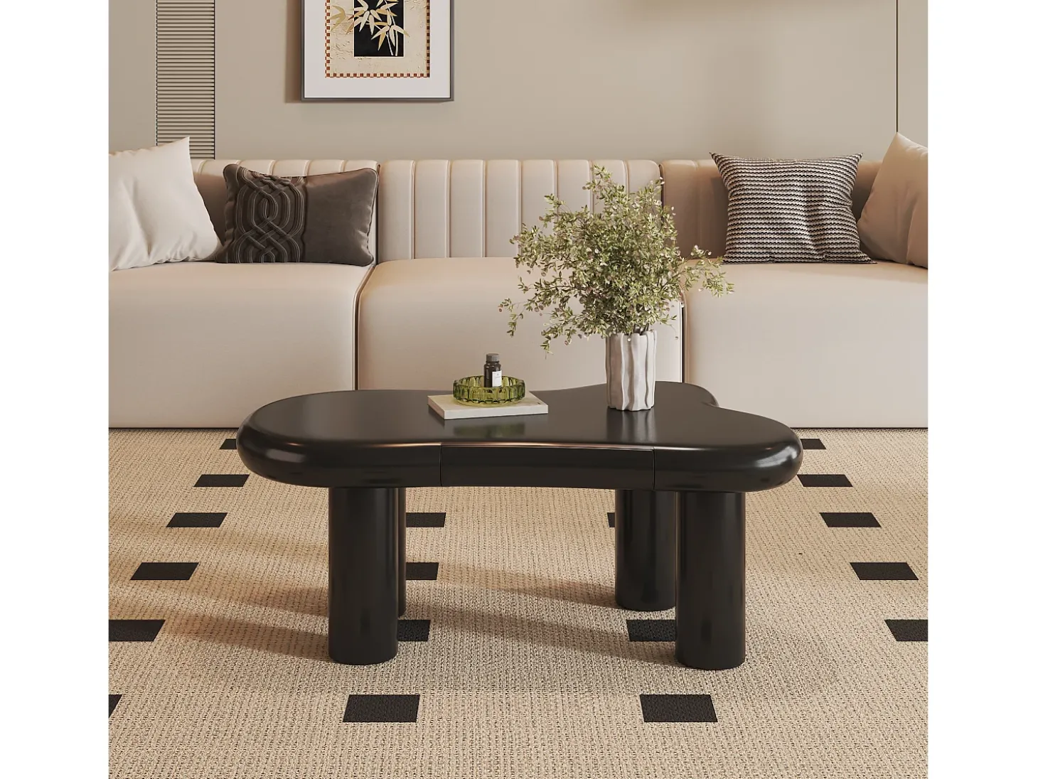Mesa de centro 98x65,5x40cm com tampo em forma de nuvem e 4 pés grossos, 1 gaveta e LED incluído, preta