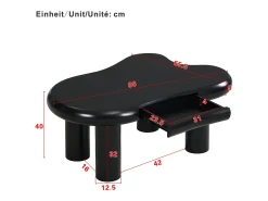 Mesa de centro 98x65,5x40cm com tampo em forma de nuvem e 4 pés grossos, 1 gaveta e LED incluído, preta