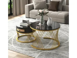 Mesa de centro/lateral redonda 2 em 1 em MDF com tampo de mármore, gavetas em rattan, puxadores de madeira e pés de ferro dourado. 70x70x45,5+50x50x38,5cm