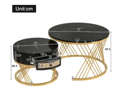 Mesa de centro/lateral redonda 2 em 1 em MDF com tampo de mármore, gavetas em rattan, puxadores de madeira e pés de ferro dourado. 70x70x45,5+50x50x38,5cm