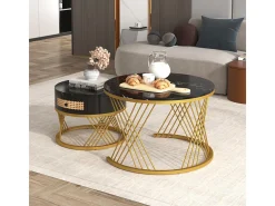 Mesa de centro/lateral redonda 2 em 1 em MDF com tampo de mármore, gavetas em rattan, puxadores de madeira e pés de ferro dourado. 70x70x45,5+50x50x38,5cm