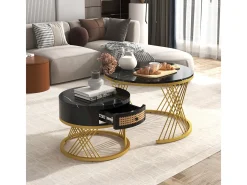 Mesa de centro/lateral redonda 2 em 1 em MDF com tampo de mármore, gavetas em rattan, puxadores de madeira e pés de ferro dourado. 70x70x45,5+50x50x38,5cm