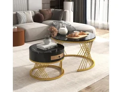 Mesa de centro/lateral redonda 2 em 1 em MDF com tampo de mármore, gavetas em rattan, puxadores de madeira e pés de ferro dourado. 70x70x45,5+50x50x38,5cm