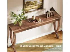 Mesa de Consola de Madeira Sólida 160cm, Mesa de Entrada no Estilo Rural, Mesa Longa para Sofá