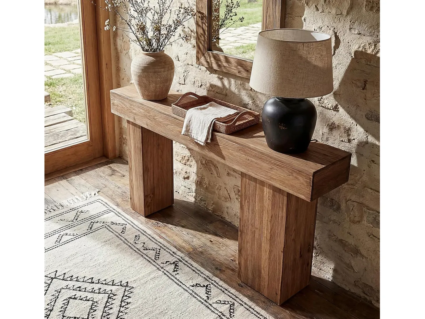Mesa de Consola de Madeira Sólida, Mesa de Sofá Rural de 160cm Atrás do Sofá com Pernas Artísticas