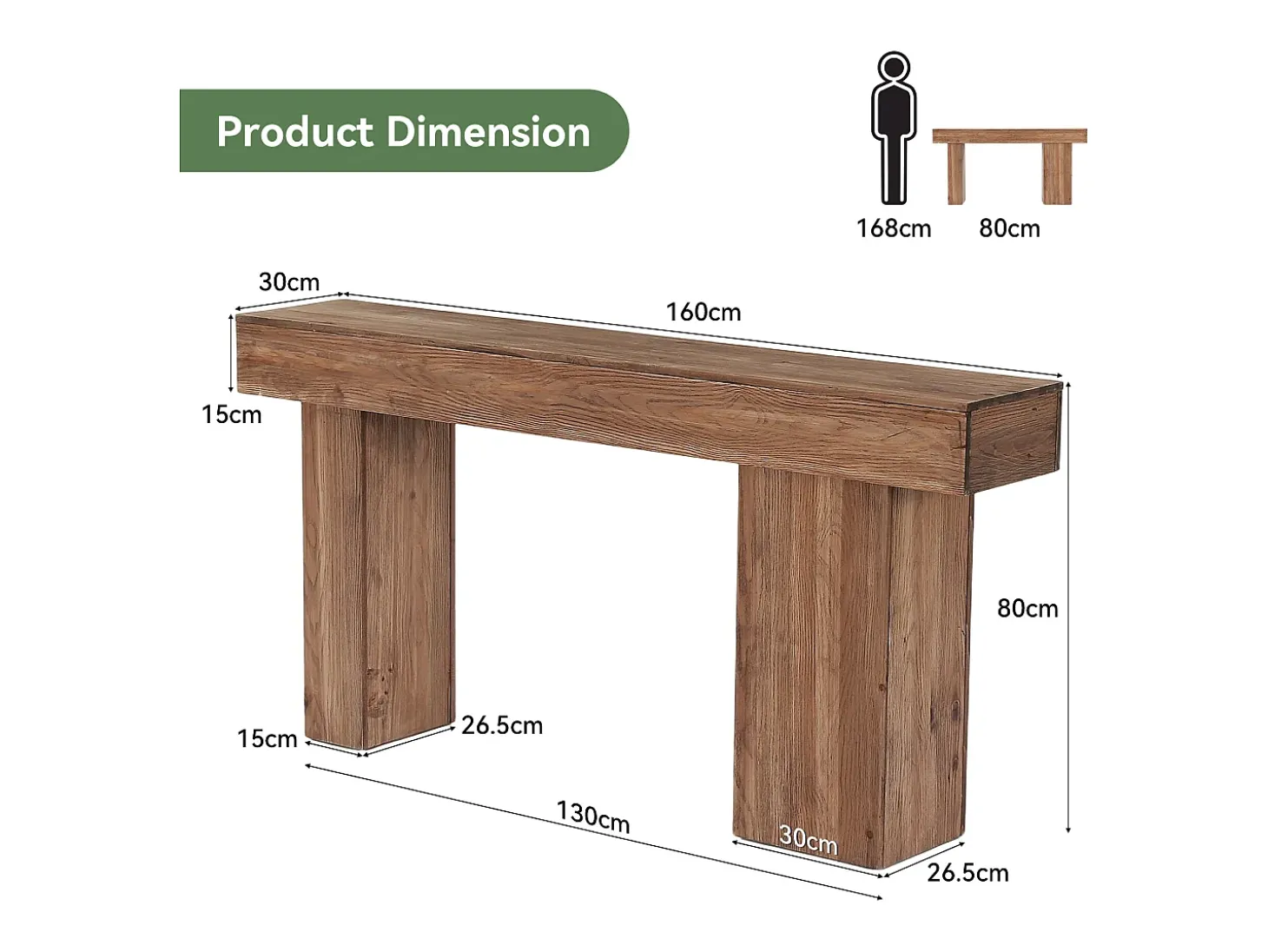 Mesa de Consola de Madeira Sólida, Mesa de Sofá Rural de 160cm Atrás do Sofá com Pernas Artísticas