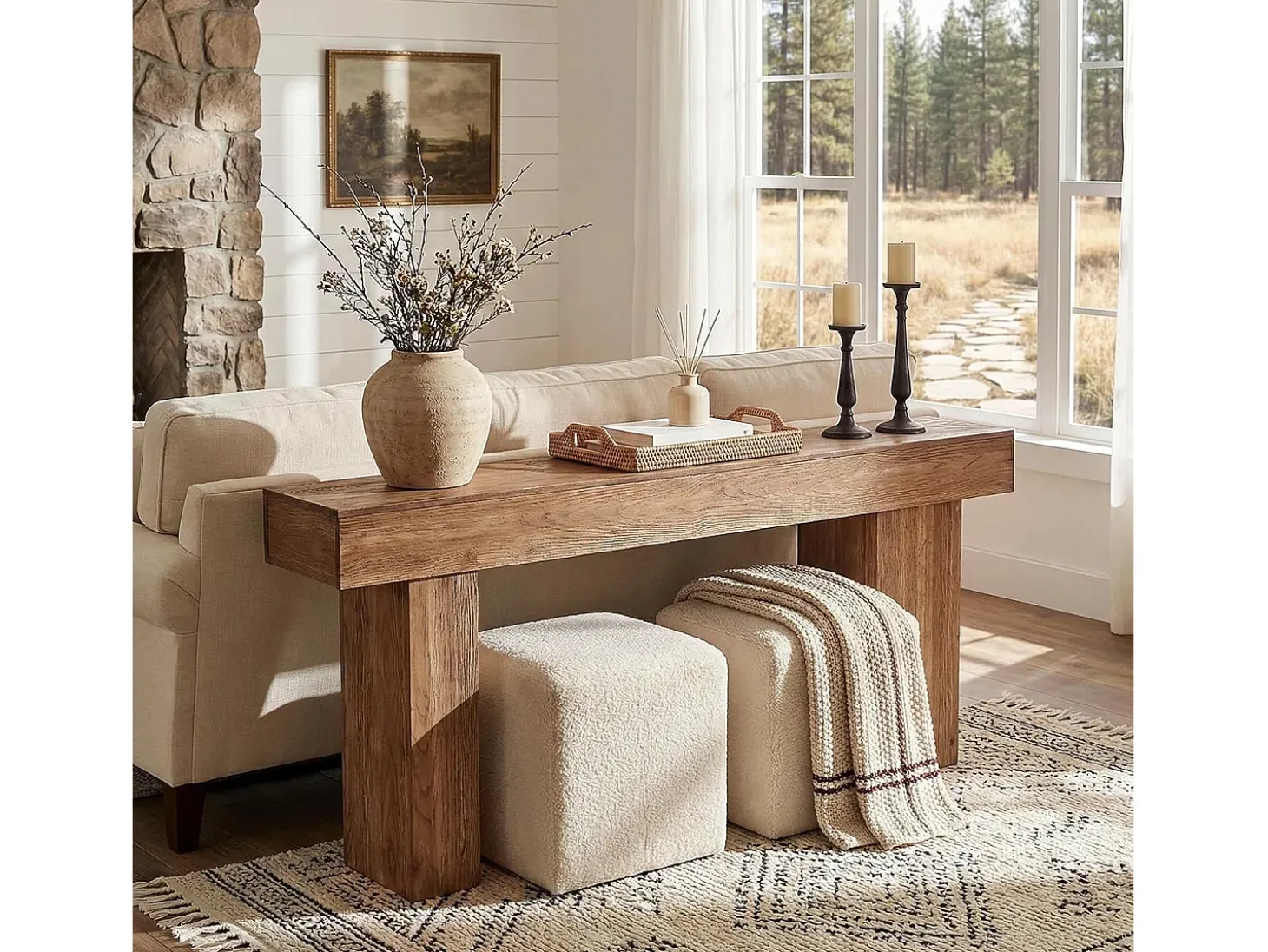 Mesa de Consola de Madeira Sólida, Mesa de Sofá Rural de 160cm Atrás do Sofá com Pernas Artísticas