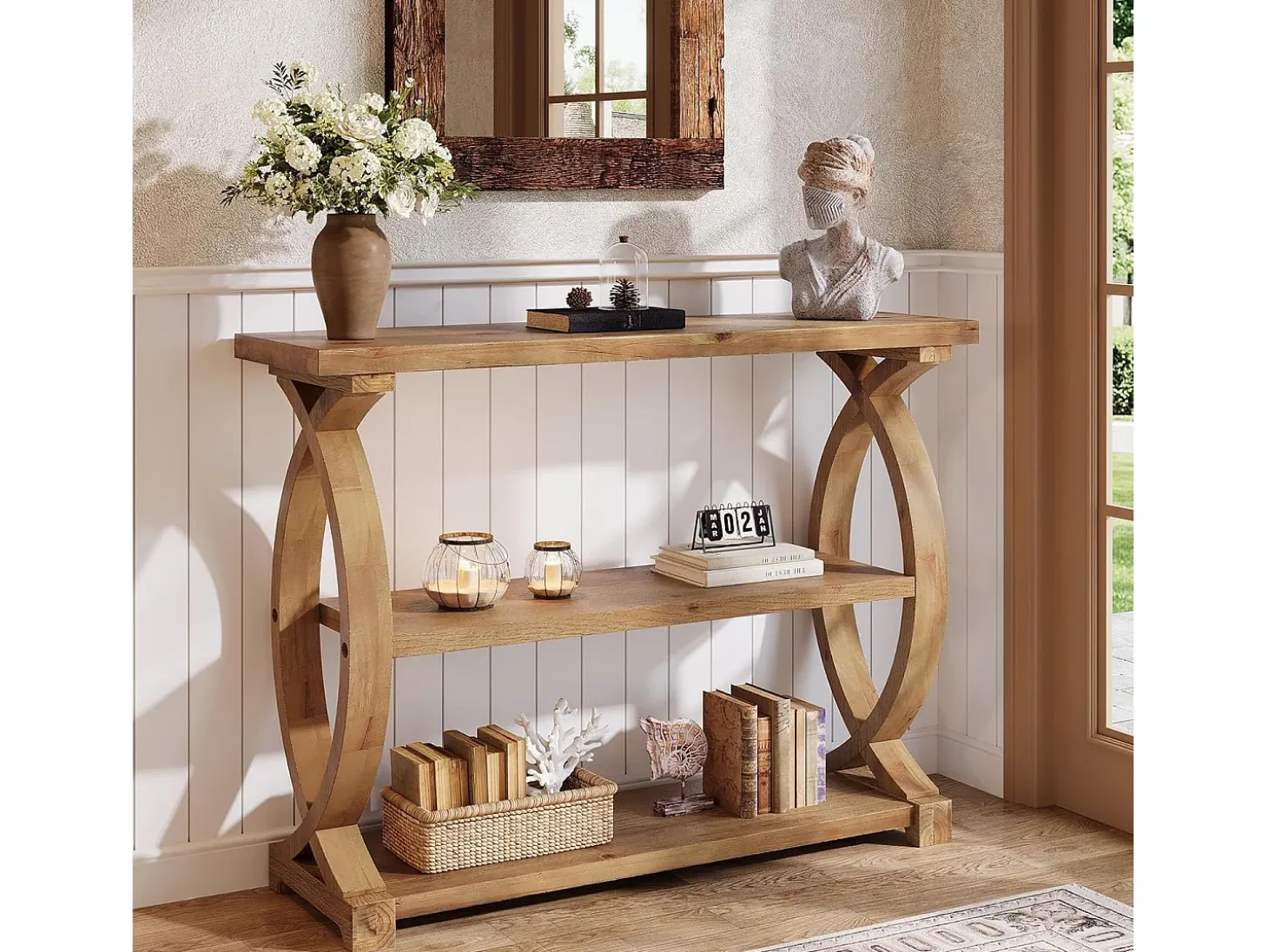 Mesa de Consola de Madeira Sólida para Entrada e Sala de Estar, Mesa de Sofá de Madeira Rústica com Design Lateral em Forma de Cauda de Peixe, 3 Camadas