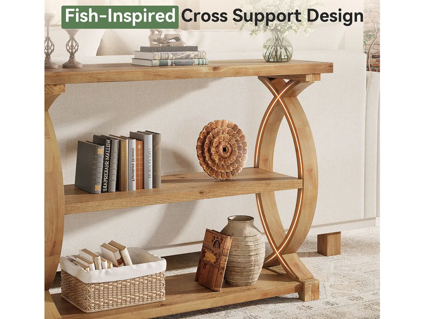 Mesa de Consola de Madeira Sólida para Entrada e Sala de Estar, Mesa de Sofá de Madeira Rústica com Design Lateral em Forma de Cauda de Peixe, 3 Camadas