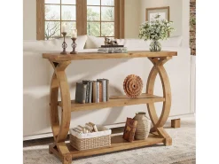 Mesa de Consola de Madeira Sólida para Entrada e Sala de Estar, Mesa de Sofá de Madeira Rústica com Design Lateral em Forma de Cauda de Peixe, 3 Camadas