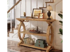 Mesa de Consola de Madeira Sólida para Entrada e Sala de Estar, Mesa de Sofá de Madeira Rústica com Design Lateral em Forma de Cauda de Peixe, 3 Camadas