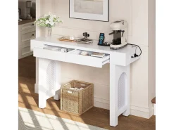 Mesa de consola elegante para hall de entrada - 120 x 35,5 x 76,5 cm - com gavetas + pés ajustáveis - MDF - branca