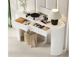 Mesa de consola elegante para hall de entrada - 120 x 33 x 76 cm - com 2 gavetas + frente curva - MDF - branca