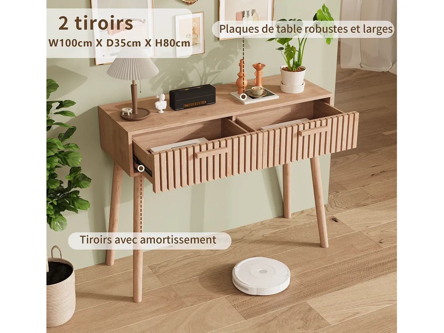Mesa de consola em madeira com 2 gavetas para sala de estar ou hall de entrada - Dimensões 100x80x35 cm - Cor castanha