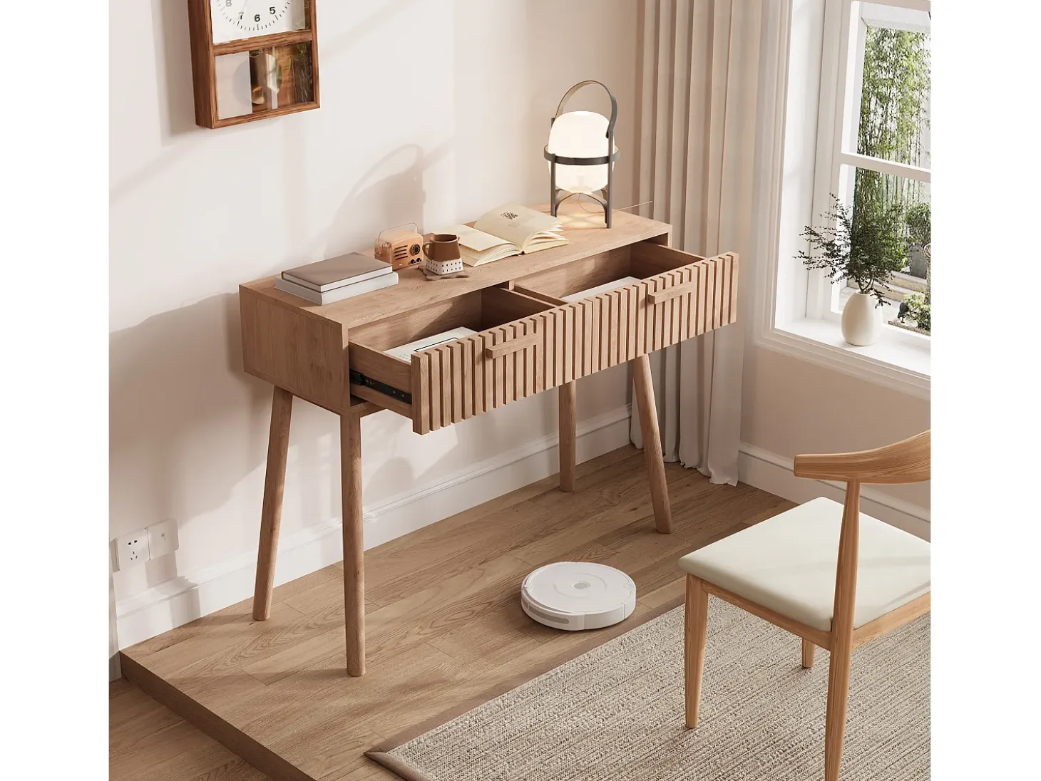 Mesa de consola em madeira com 2 gavetas para sala de estar ou hall de entrada - Dimensões 100x80x35 cm - Cor castanha
