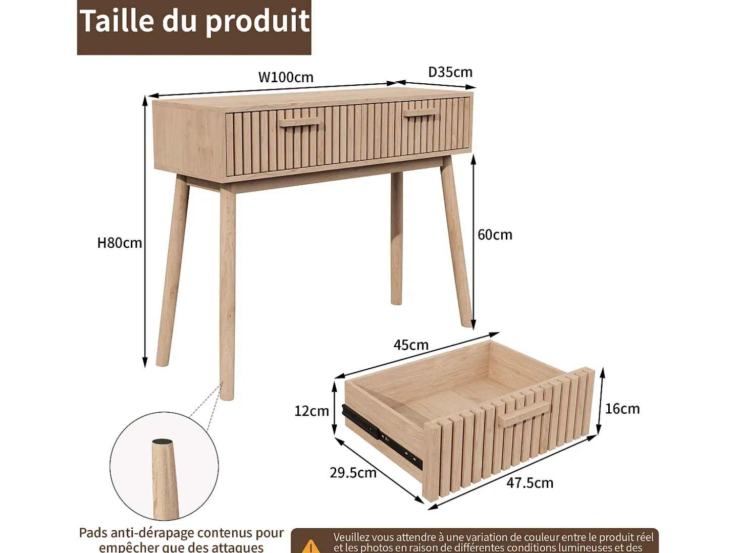 Mesa de consola em madeira com 2 gavetas para sala de estar ou hall de entrada - Dimensões 100x80x35 cm - Cor castanha