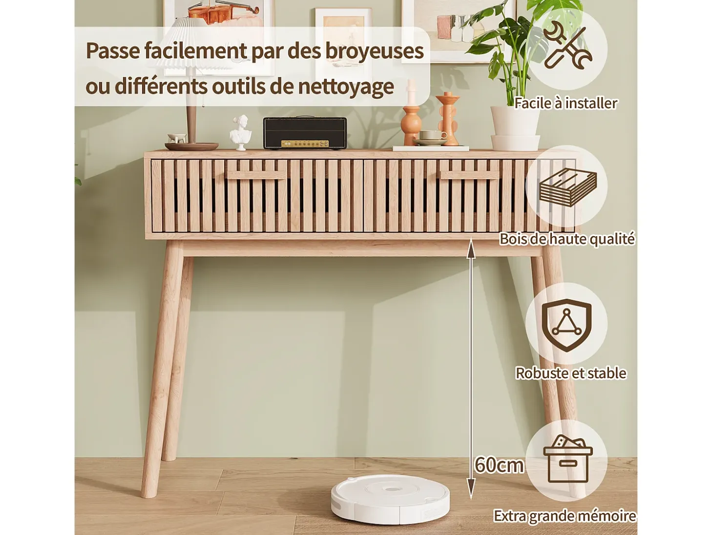 Mesa de consola em madeira com 2 gavetas para sala de estar ou hall de entrada - Dimensões 100x80x35 cm - Cor castanha