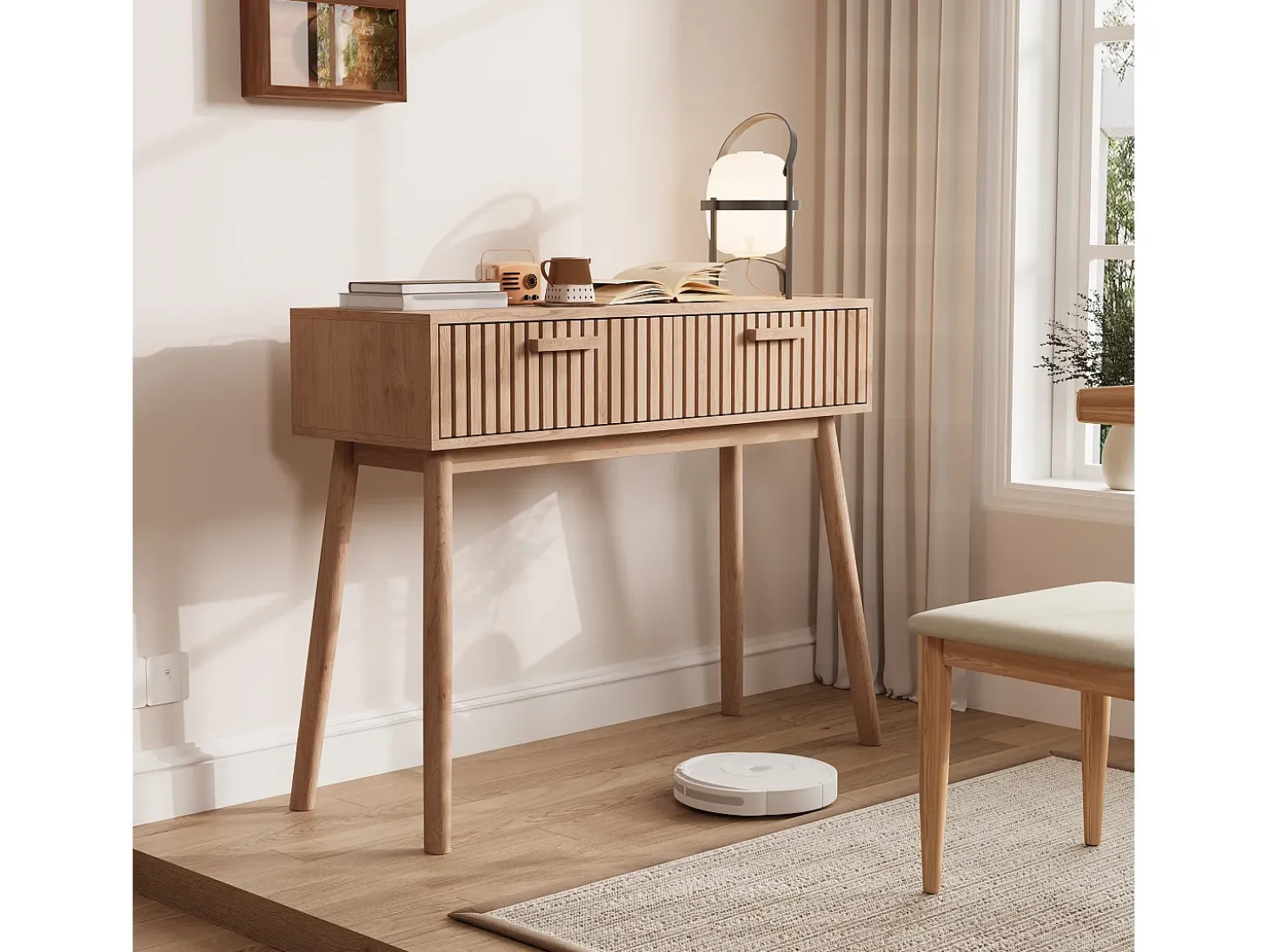 Mesa de consola em madeira com 2 gavetas para sala de estar ou hall de entrada - Dimensões 100x80x35 cm - Cor castanha