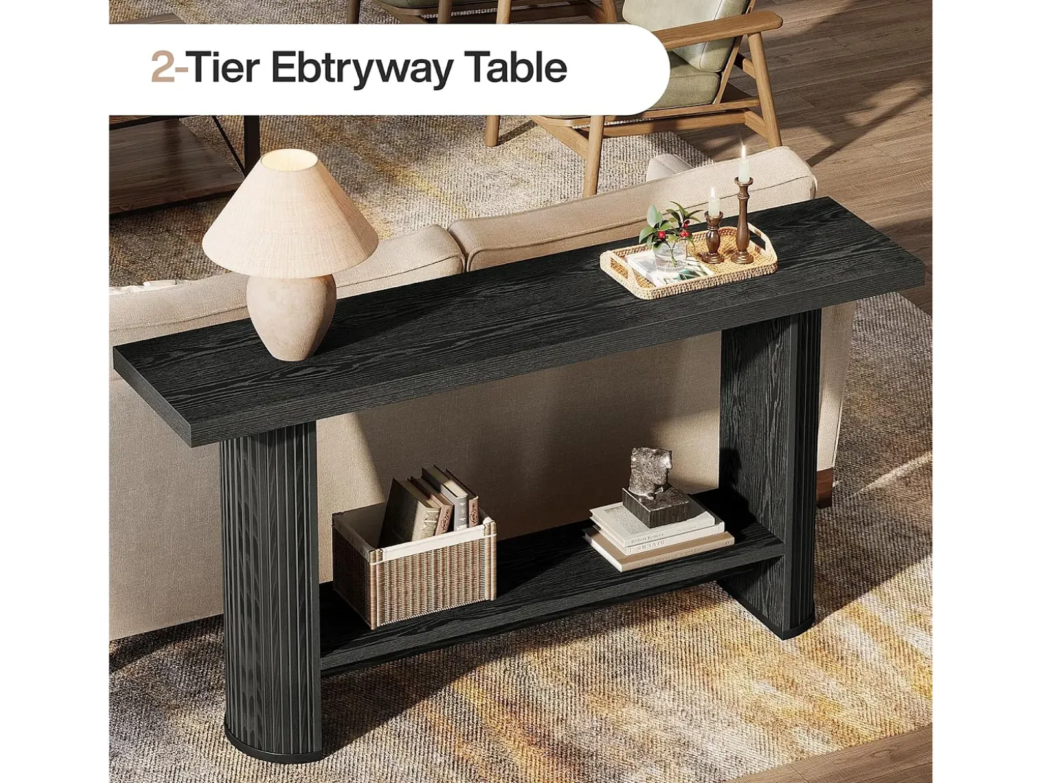 Mesa de Consola Estreita de 140cm com Prateleira de Armazenamento, Mesa de Sofá Rustica para Entrada