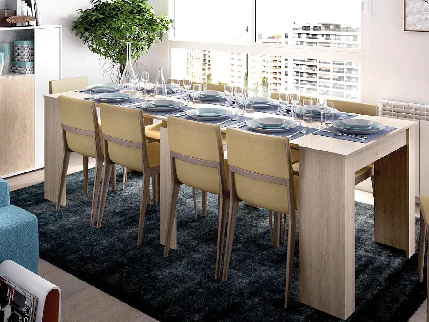 Mesa de consola extensível para 10 pessoas - 4 extensões - Cor natural clara - ONEGA