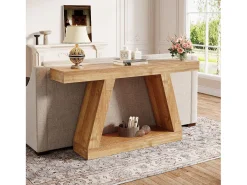 Mesa de Consola Rural, Mesa de Sofá Rustica de 140cm com Armazenamento, Marrom Natural