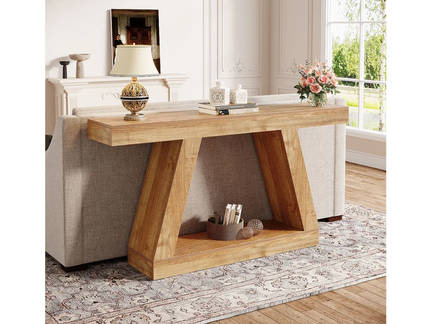 Mesa de Consola Rural, Mesa de Sofá Rustica de 140cm com Armazenamento, Marrom Natural