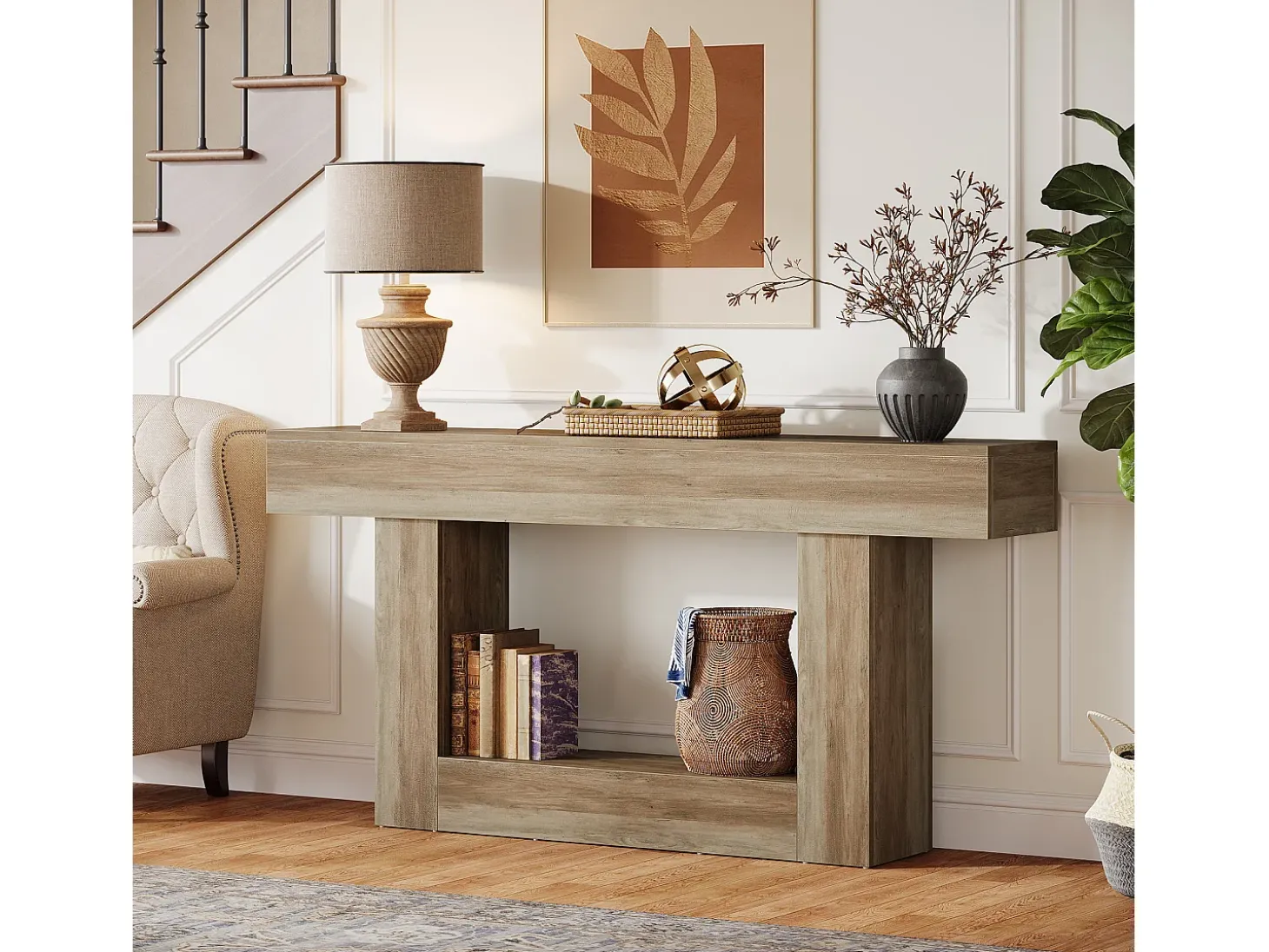 Mesa de Console 160cm, Mesa de Entrada de 2 Andares Rural, Mesa de Sofá, Mesa atrás do Sofá, Cinza