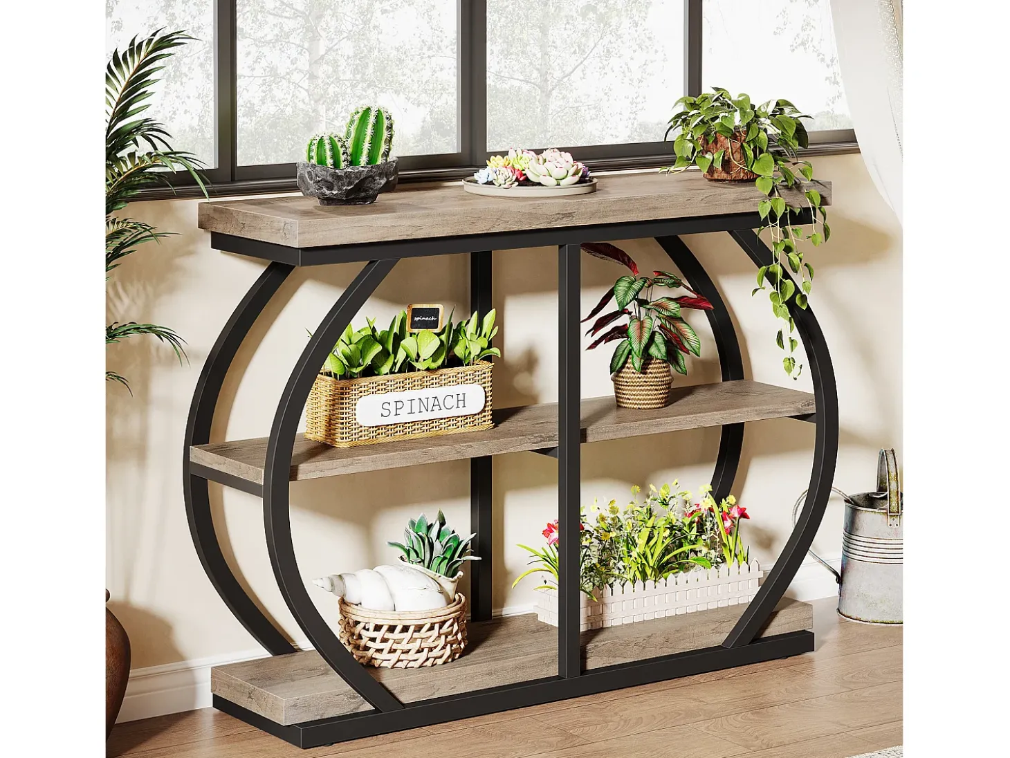 Mesa de Console 105cm, Mesa de Entrada Industrial de 3 Andares com Quadro de Metal Arcoado e Prateleiras de Armazenamento