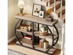 Mesa de Console 105cm, Mesa de Entrada Industrial de 3 Andares com Quadro de Metal Arcoado e Prateleiras de Armazenamento