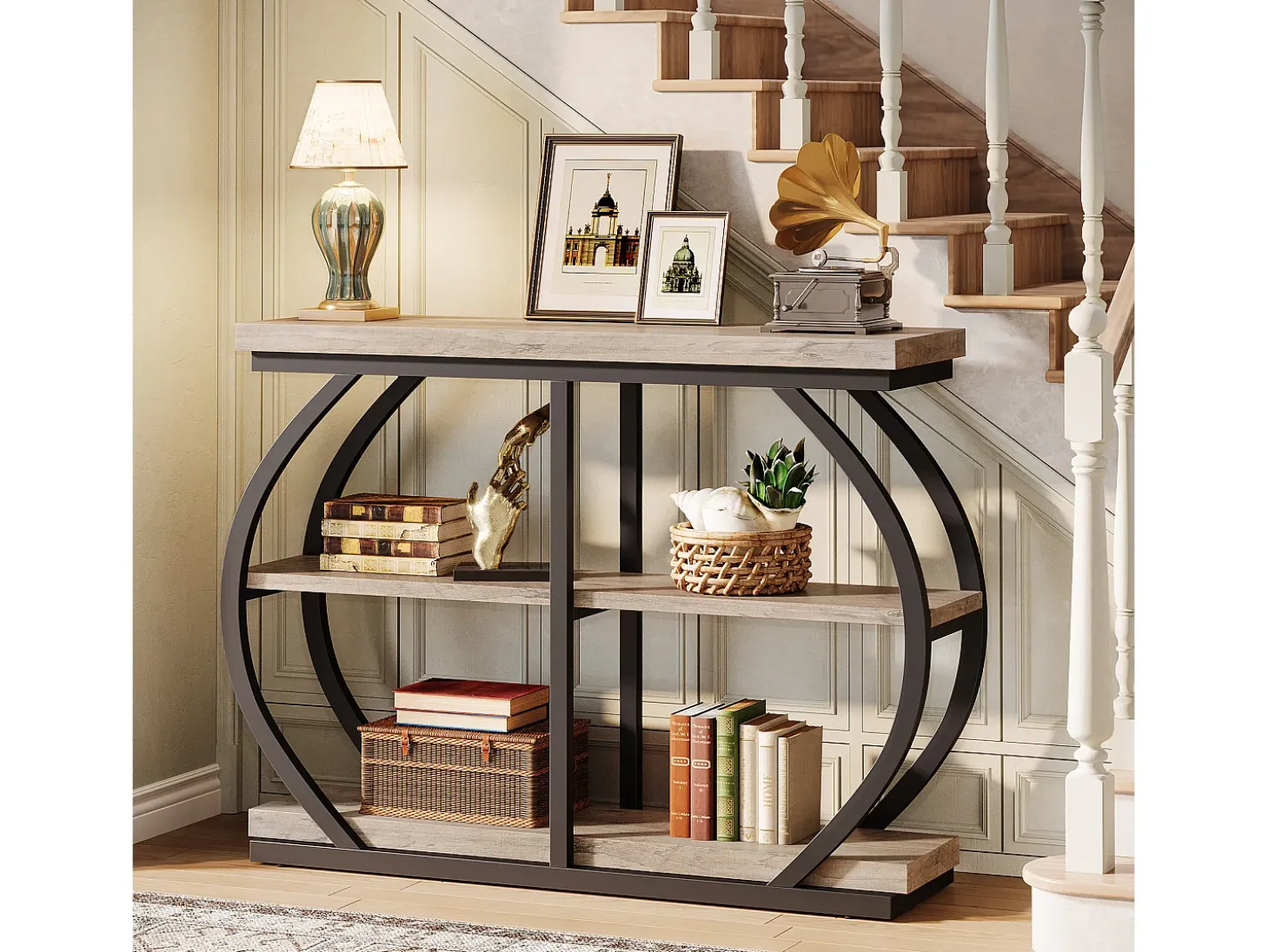 Mesa de Console 105cm, Mesa de Entrada Industrial de 3 Andares com Quadro de Metal Arcoado e Prateleiras de Armazenamento