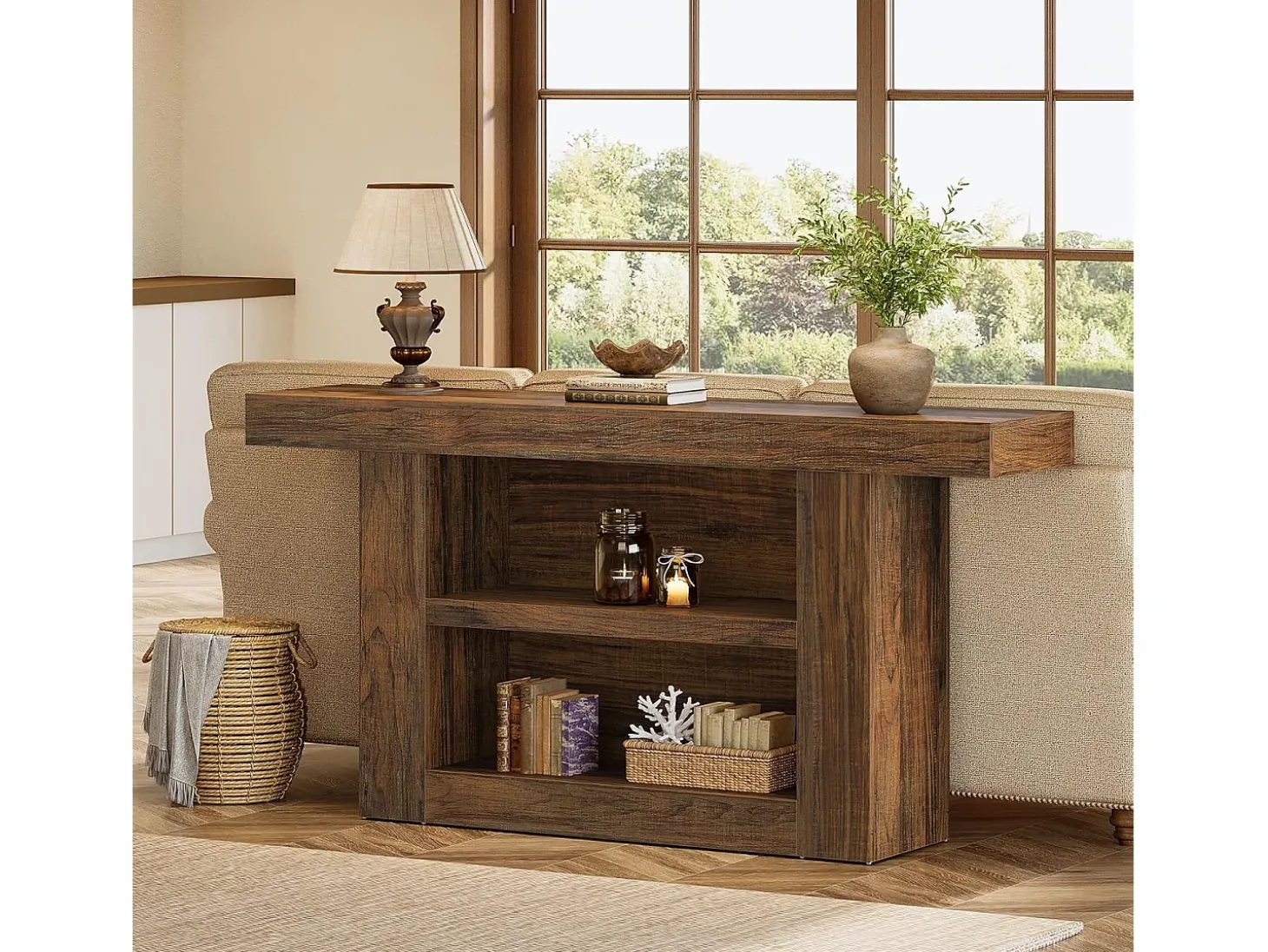 Mesa de Console com Armazenamento, Mesa de Entrada Rural de 3 Andares com Base em Forma de U, 160cm