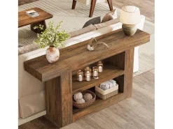 Mesa de Console com Armazenamento, Mesa de Entrada Rural de 3 Andares com Base em Forma de U, 160cm