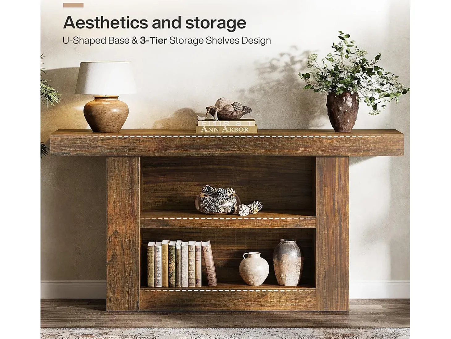 Mesa de Console com Armazenamento, Mesa de Entrada Rural de 3 Andares com Base em Forma de U, 160cm