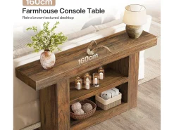 Mesa de Console com Armazenamento, Mesa de Entrada Rural de 3 Andares com Base em Forma de U, 160cm