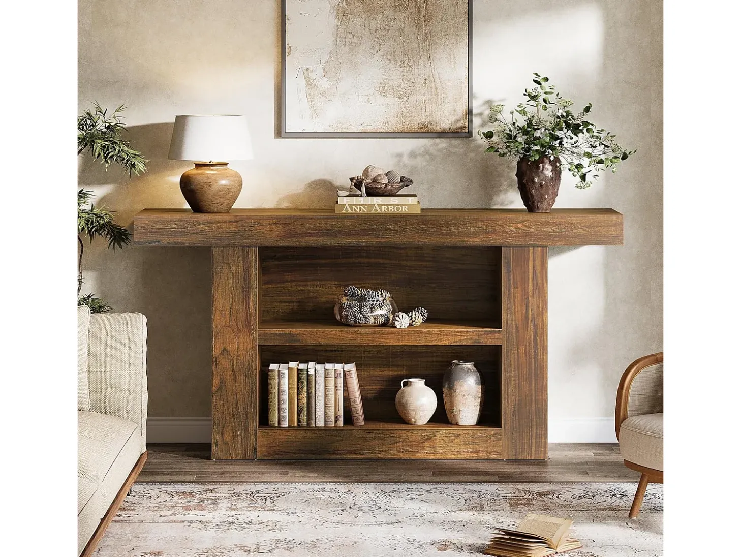 Mesa de Console com Armazenamento, Mesa de Entrada Rural de 3 Andares com Base em Forma de U, 160cm